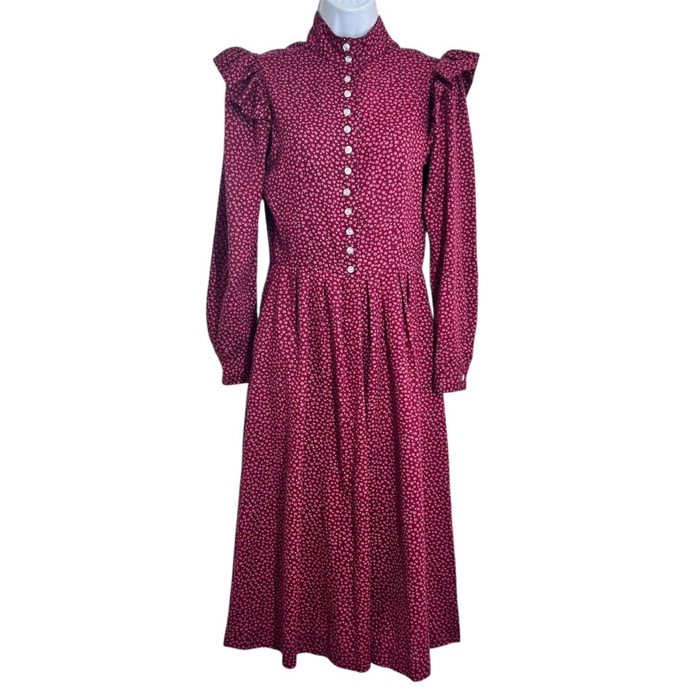Vintage 1970s Prairie Midi Dress Size 7 Burgundy Floral Calico Boho Cottagecore